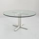 135 cm dining table with thick rounded white wooden legs and glass top, 1980