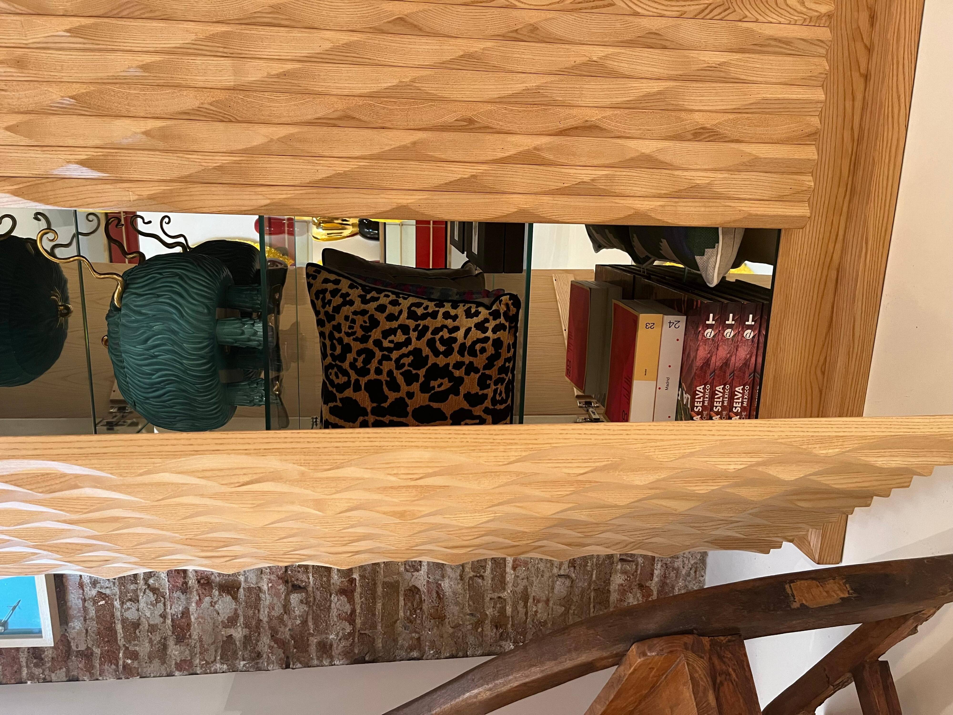 Brutalist Style Hand-carved Solid Oak Wood and Glass Mirror Italian Bar Cabinet