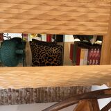 Brutalist Style Hand-carved Solid Oak Wood and Glass Mirror Italian Bar Cabinet