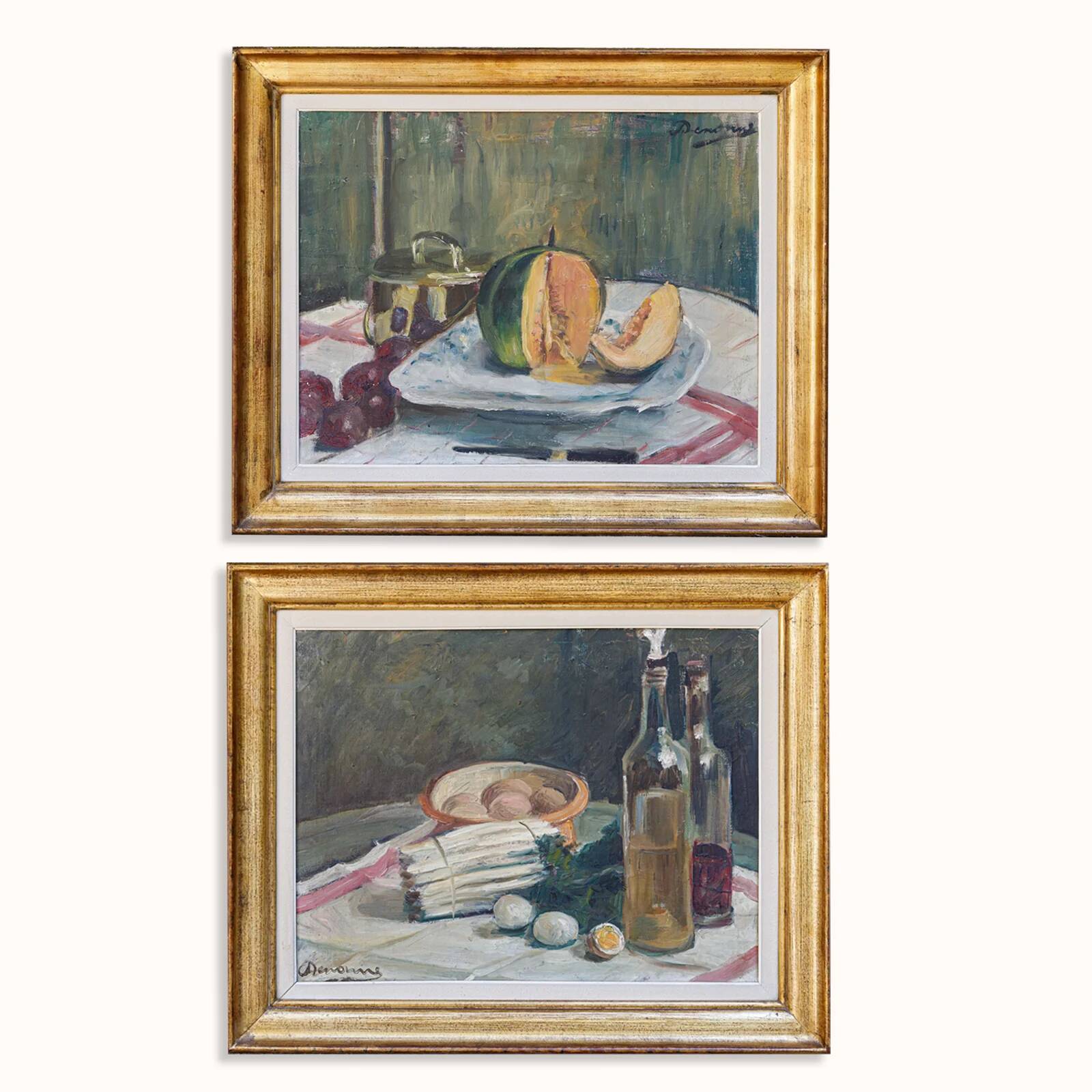 Set of oil paintings "Asparagus & eggs" and "Melon" by Alexandre Denonne