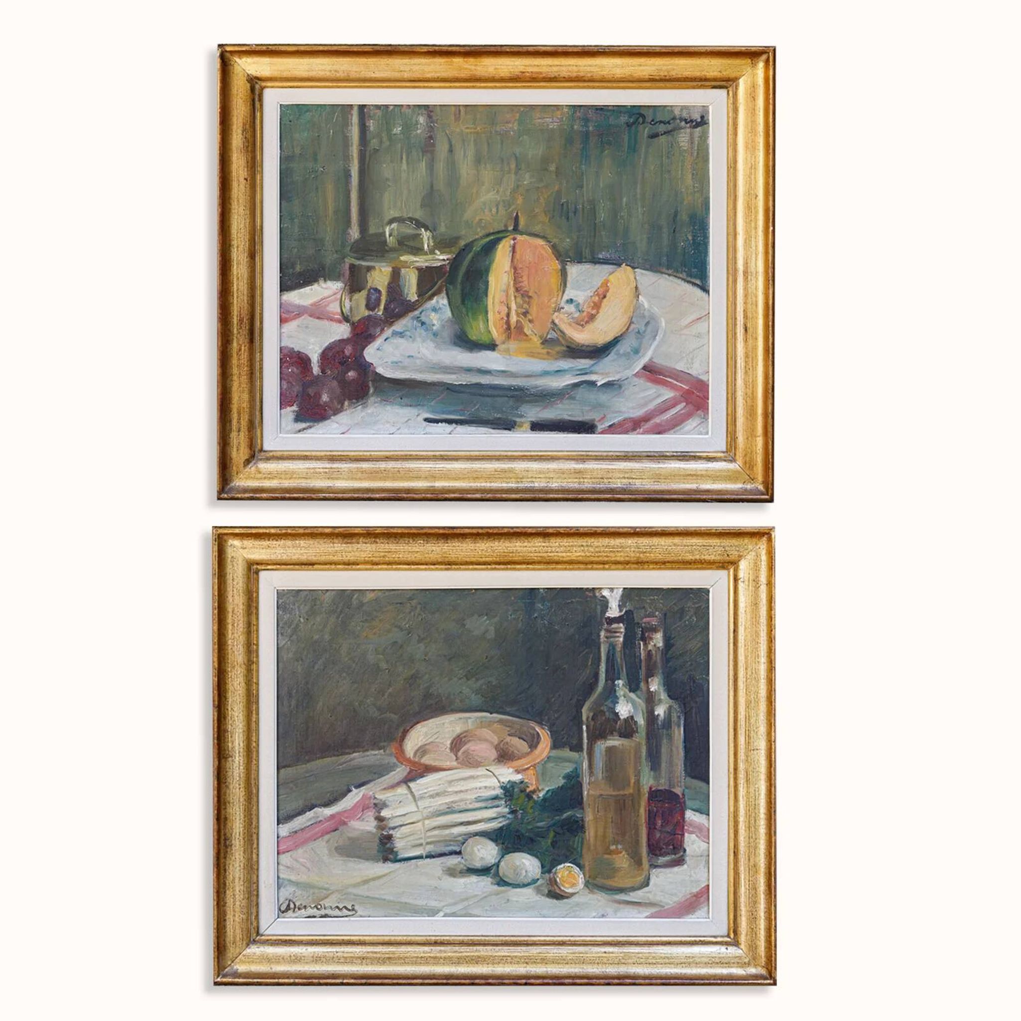 Set of oil paintings "Asparagus & eggs" and "Melon" by Alexandre Denonne