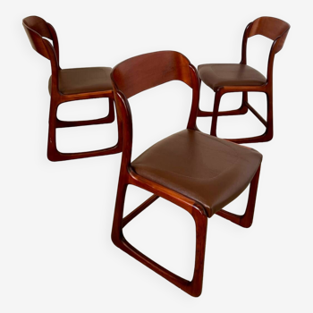 Lot de 3 chaises traineau Baumann en bois et simili cuir origine design années 60