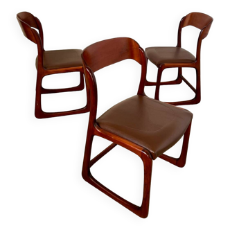 Set of 3 Baumann sled chairs in wood and imitation leather, original design from the 60s