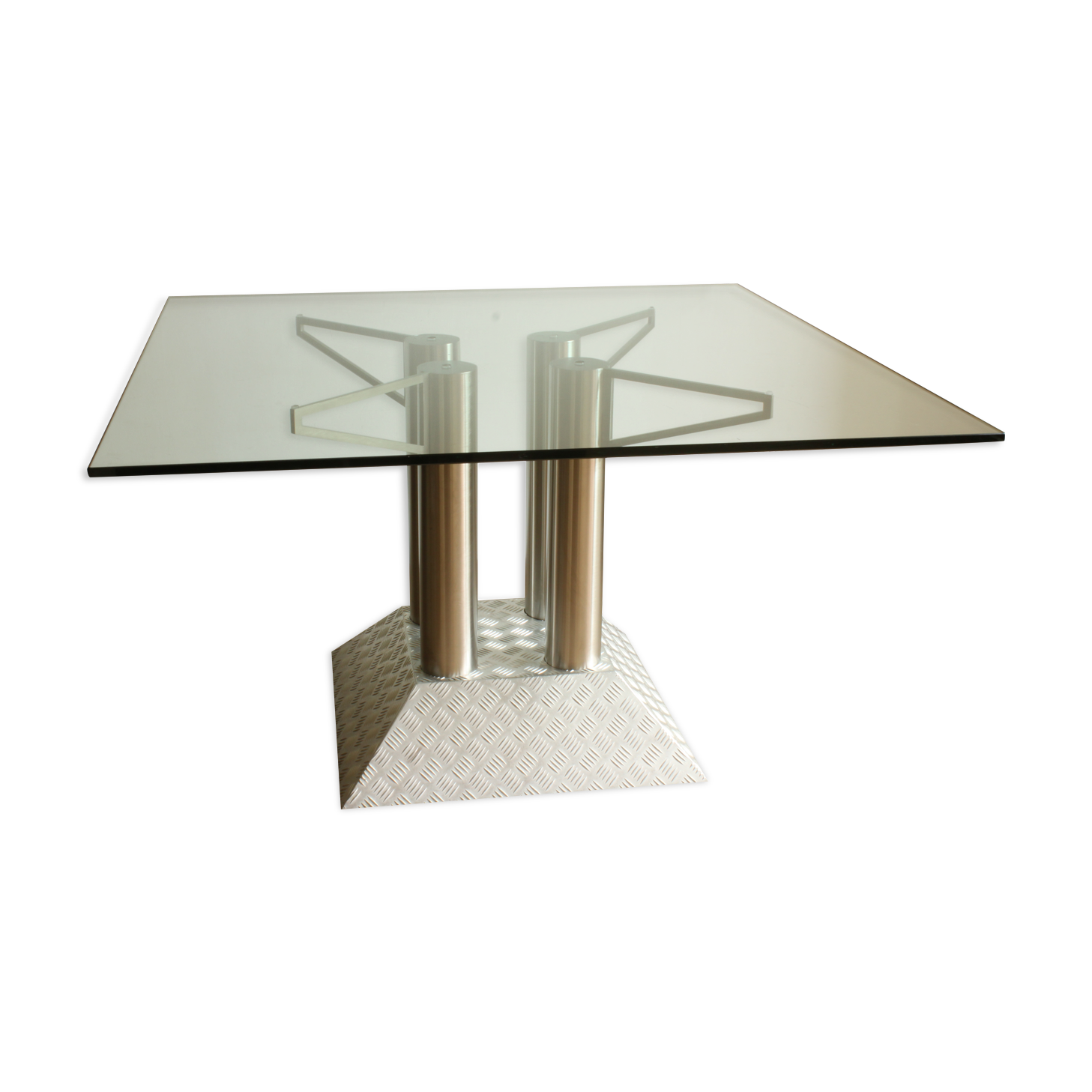 Industrial steel tube and diamond chequer plate table with a glass top, 1990s.