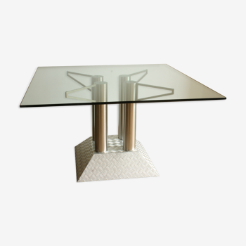 Industrial steel tube and diamond chequer plate table with a glass top, 1990s.