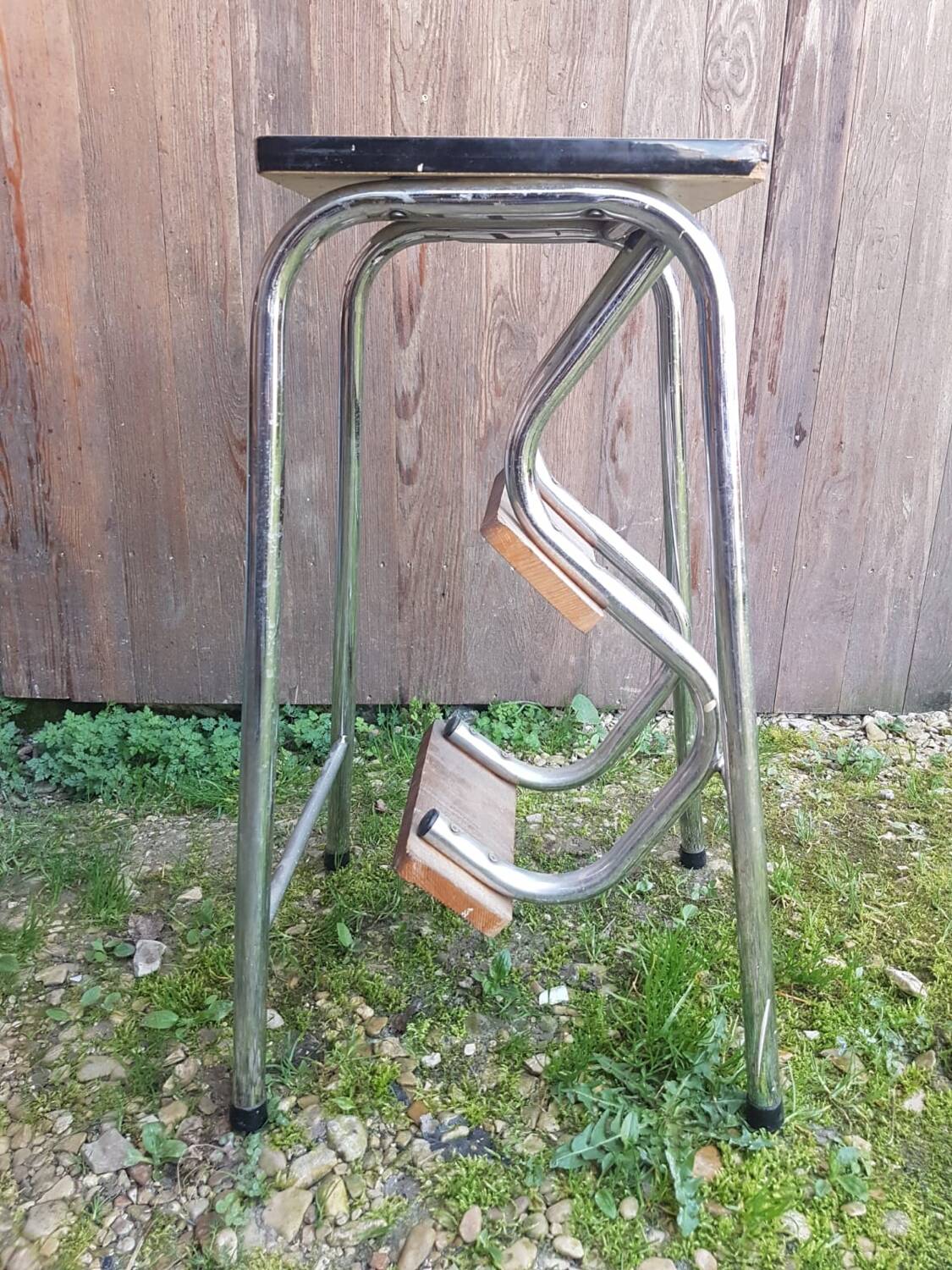 Vintage formica wood metal leg step stool