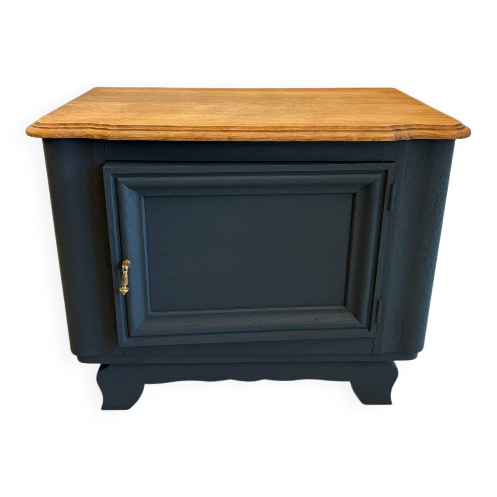 Mat black storage furniture, natural top.