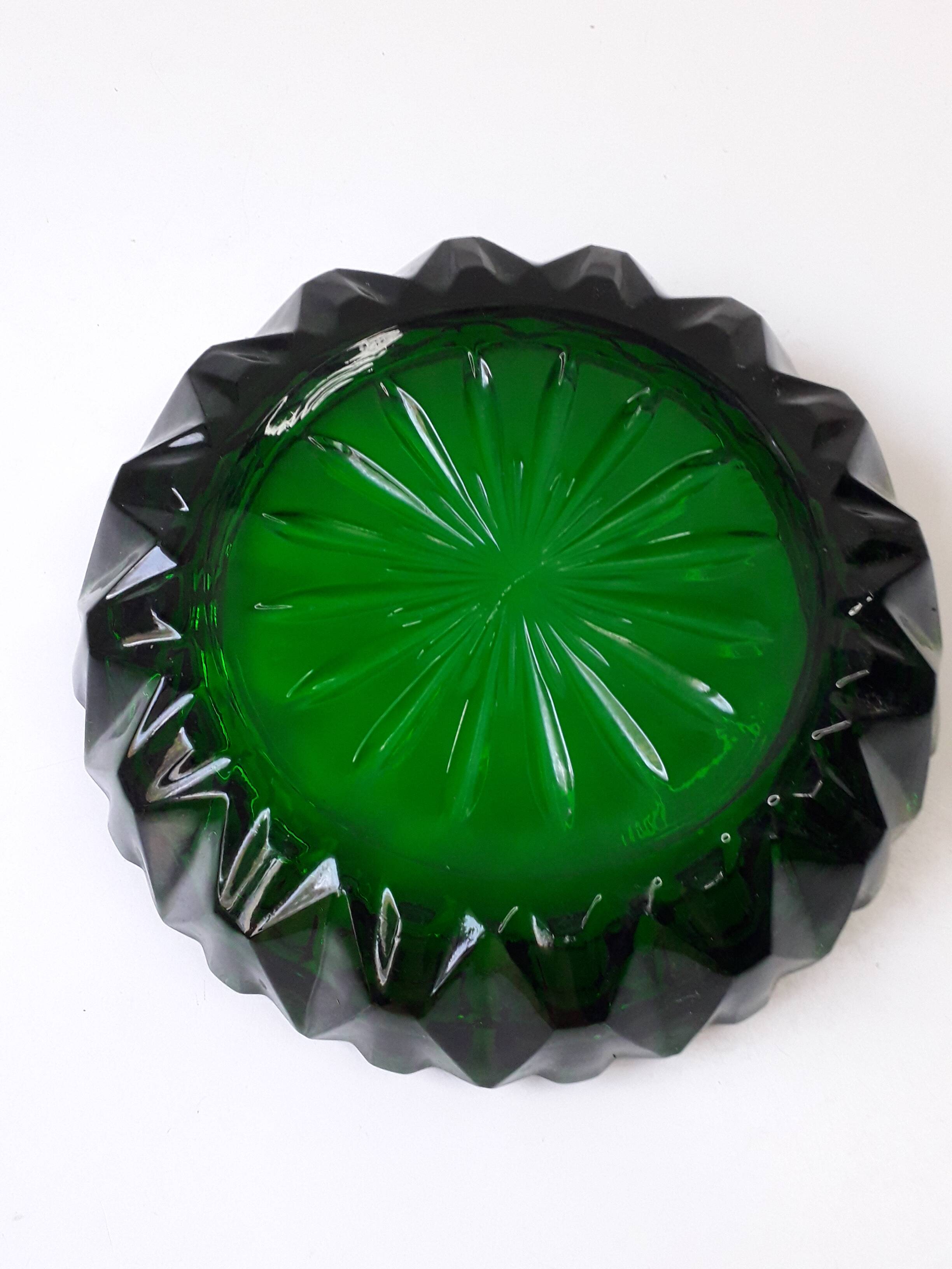 Vintage green moulded glass ashtray