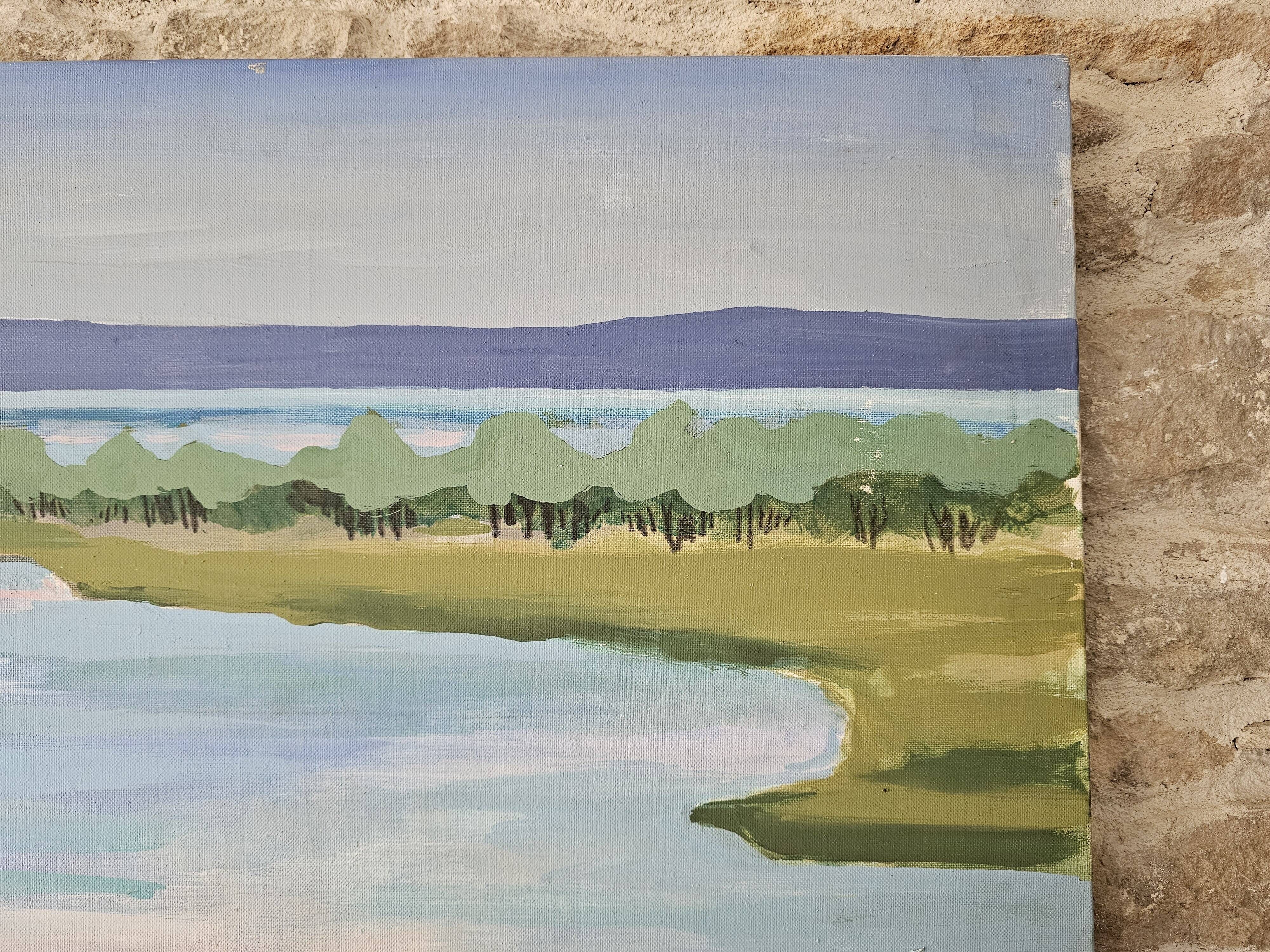 Oil on Canvas Painting Lakeside Landscape Water Body signed Doan Inger