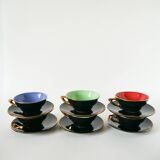 Set of 6 black and colored earthenware cups and saucers, 1950
