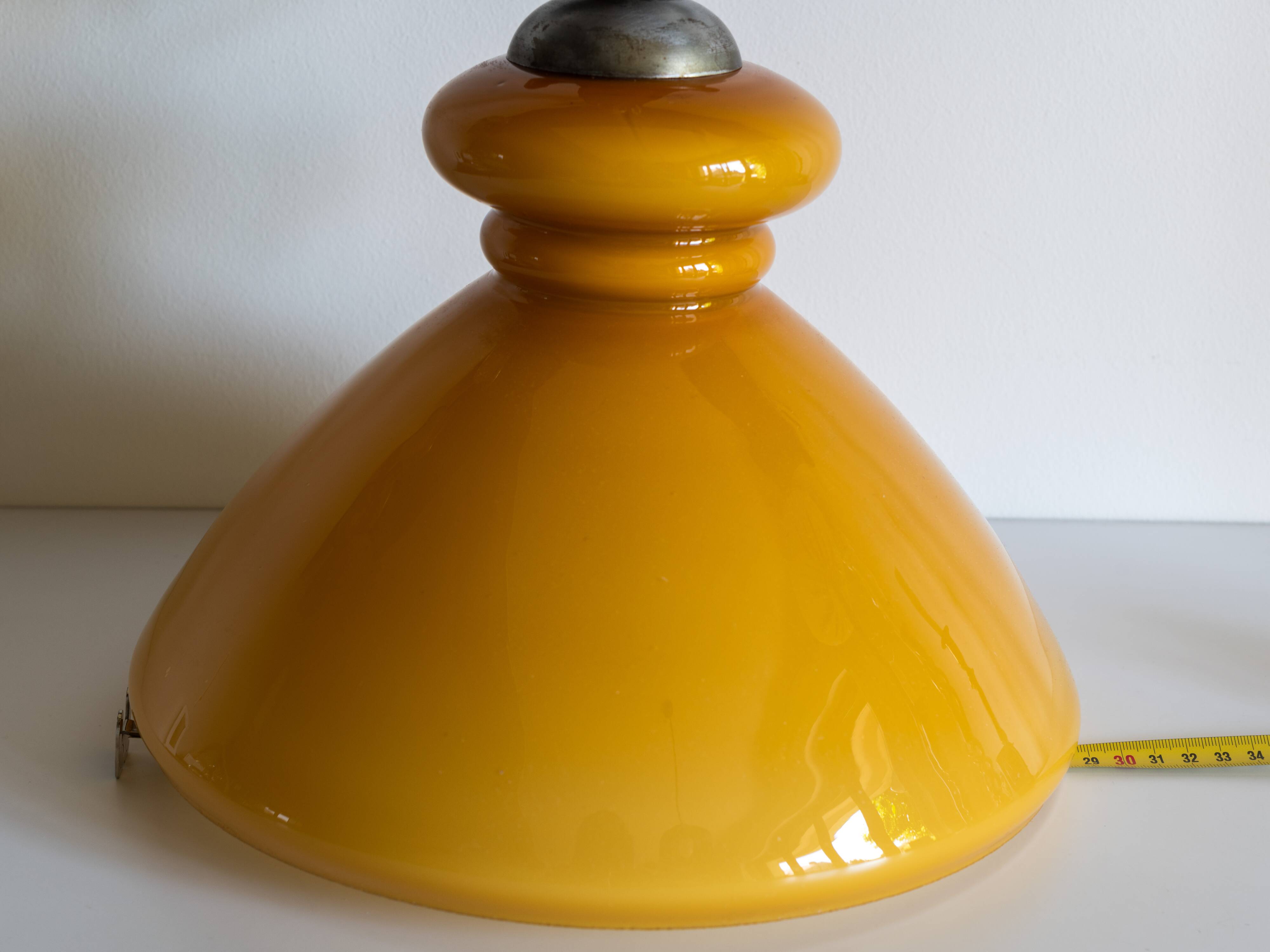 1970s honey yellow opaline pendant light with leather hook