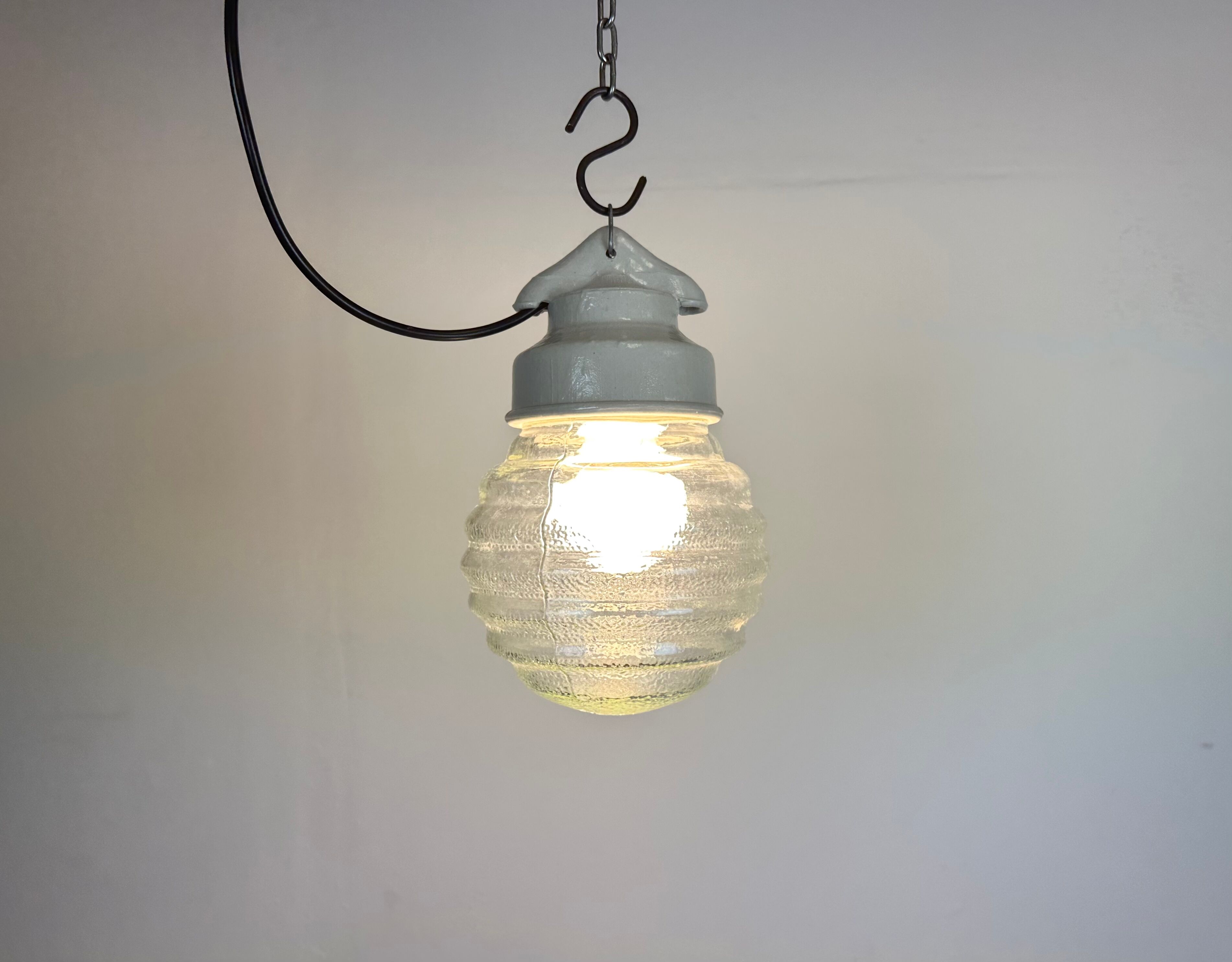 Industrial white porcelain pendant light with ribbed glass, 1970s