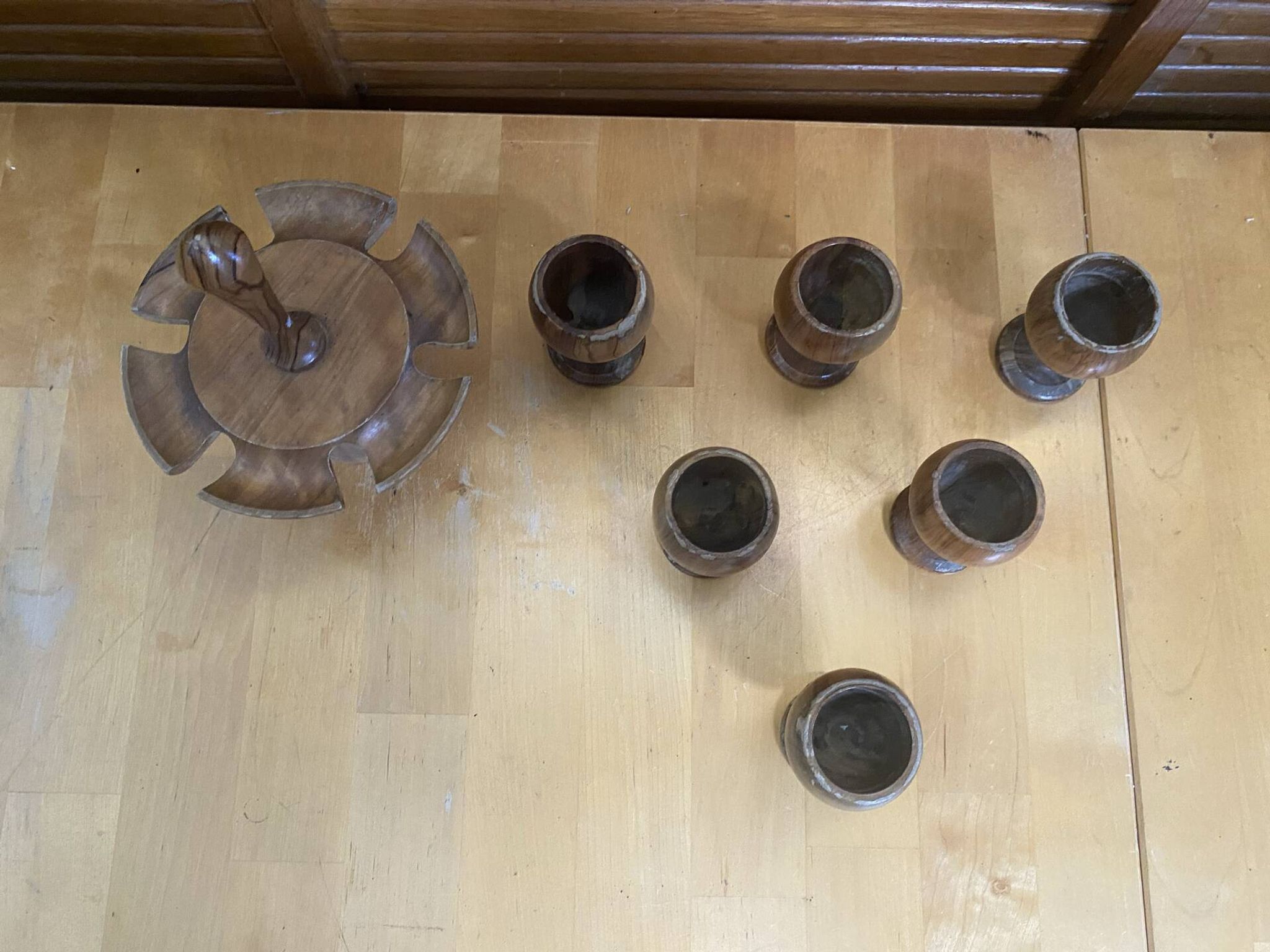 Rotating Display Stand 6 Egg Cups Olive Wood & Teak 1960s Vintage