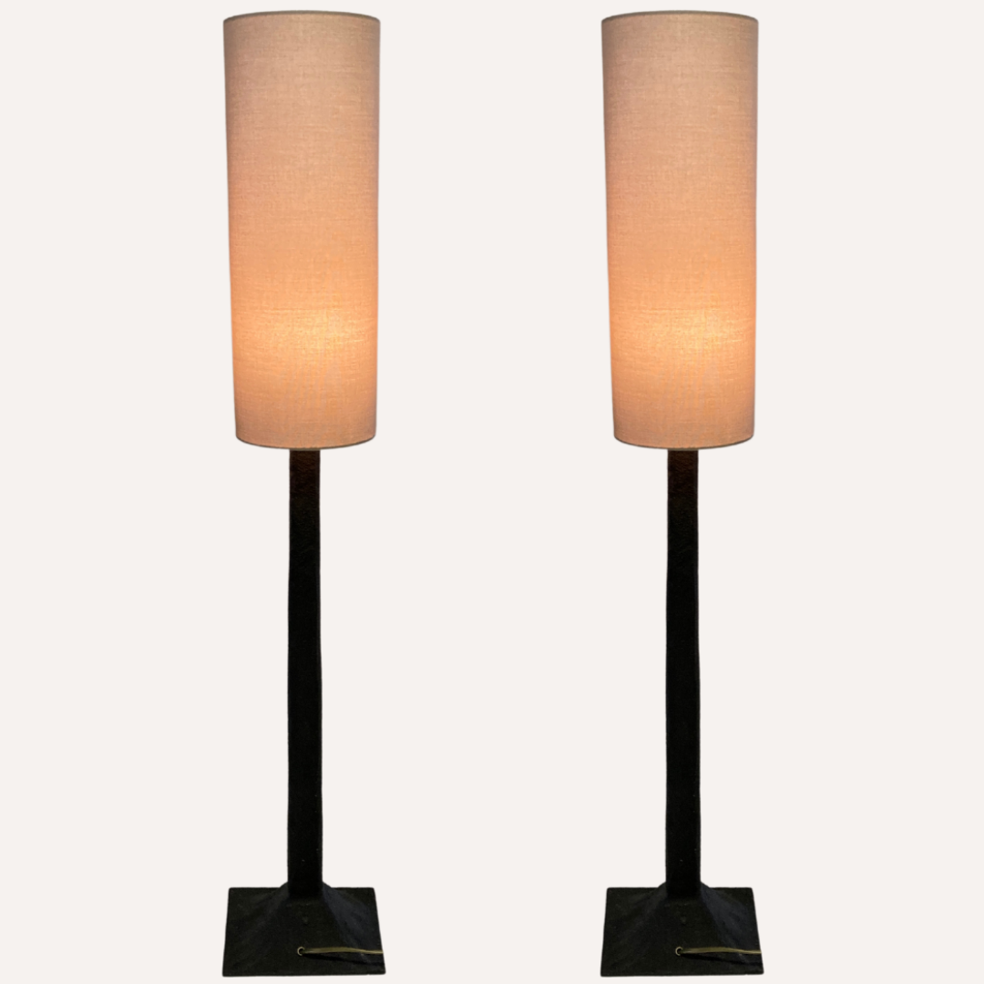 Pair vintage brutalist iron hammered floor or large table lamps, Germany.