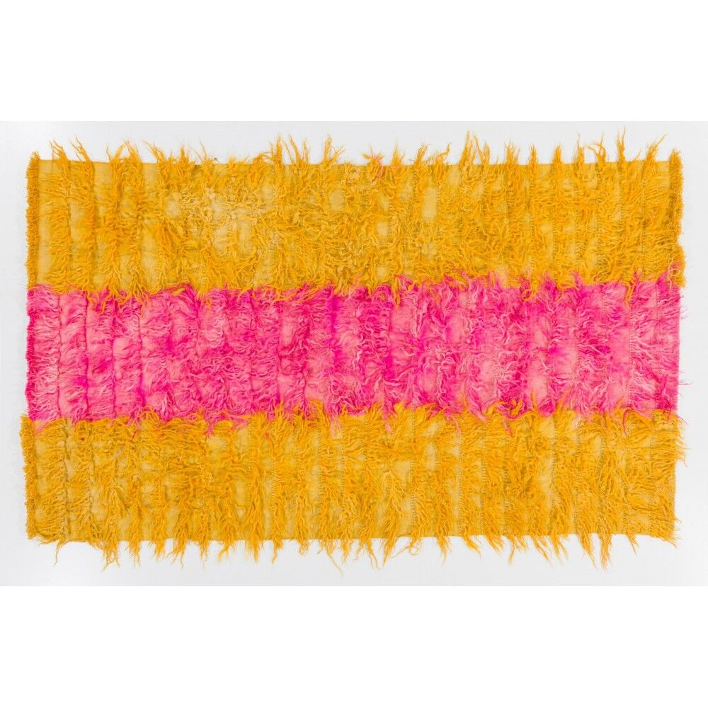 New Hand-Knotted Shag Pile Tulu Rug in Hot Pink and Yellow, 100% Mohair Wool