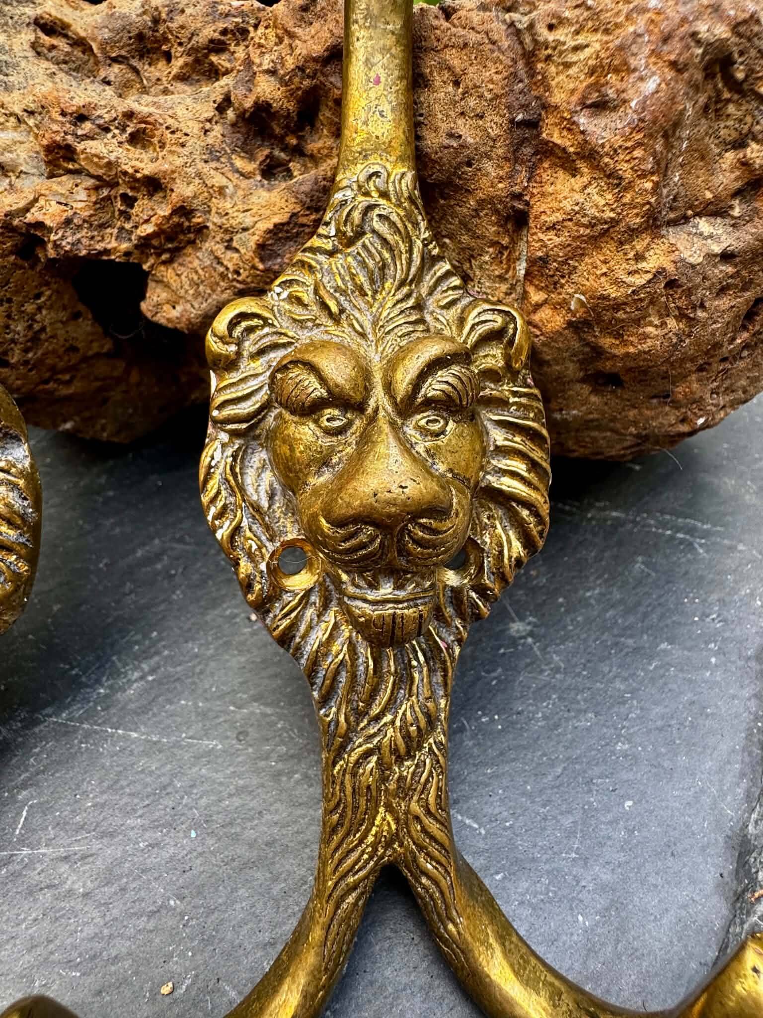 2 lion coat hooks in solid brass Art Nouveau
