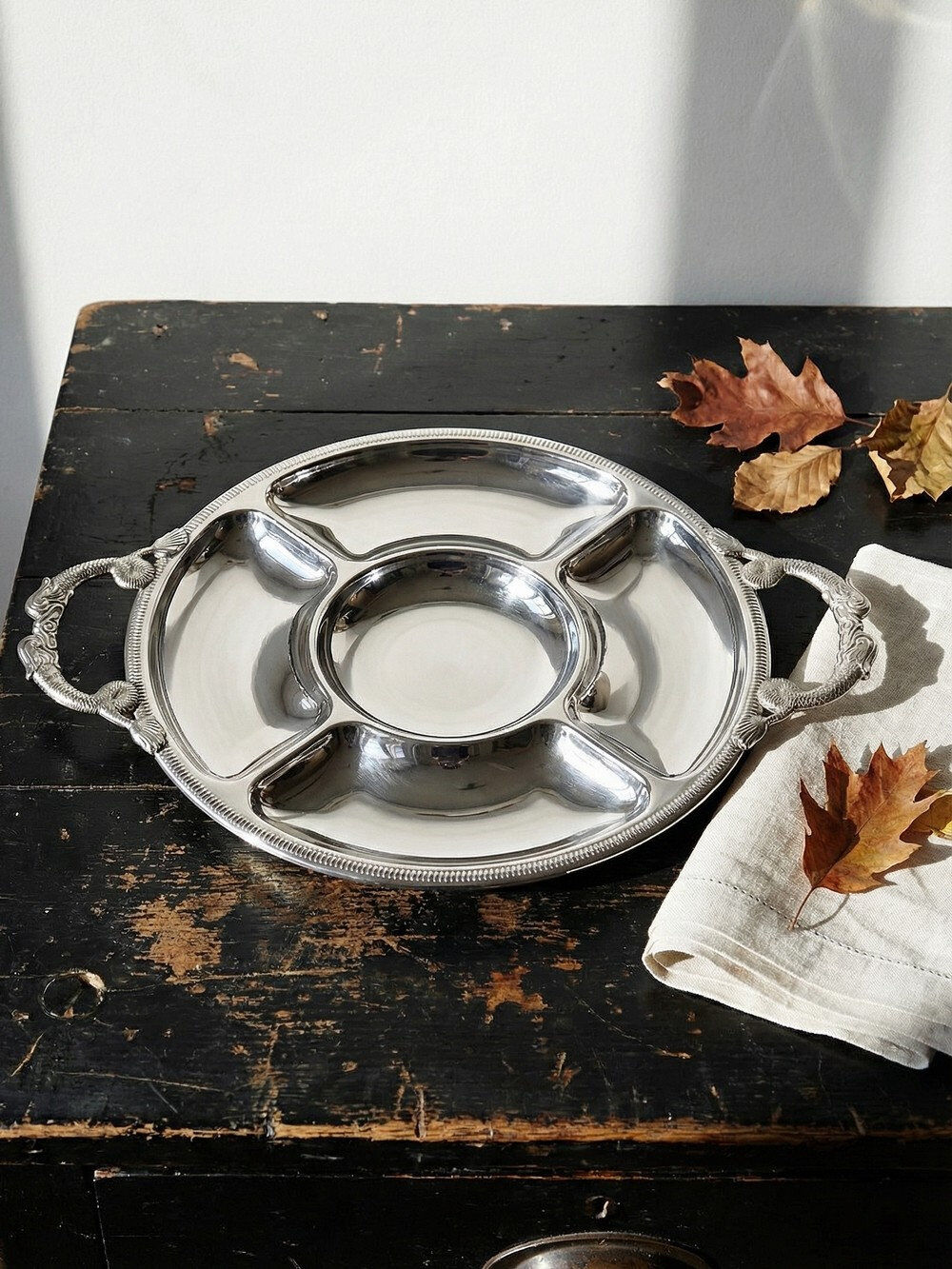 Large serving platter for hors d'oeuvres Jean Couzon in 18/10 stainless steel, 5 compartments.