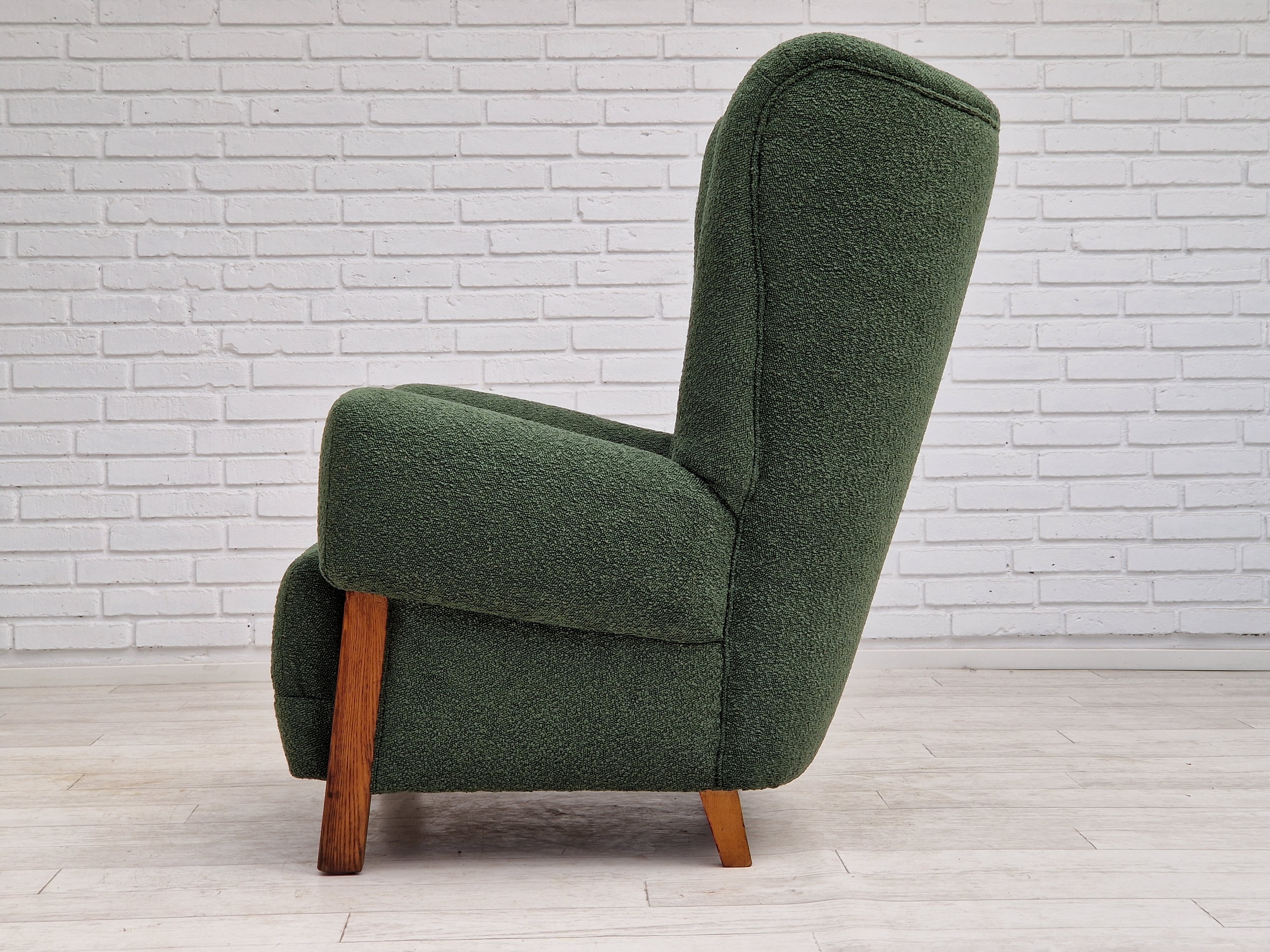 1960s, scandinavian design, restored high-back recliner, oak wood.