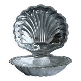 Silver metal butter dish with lid and matching spoon