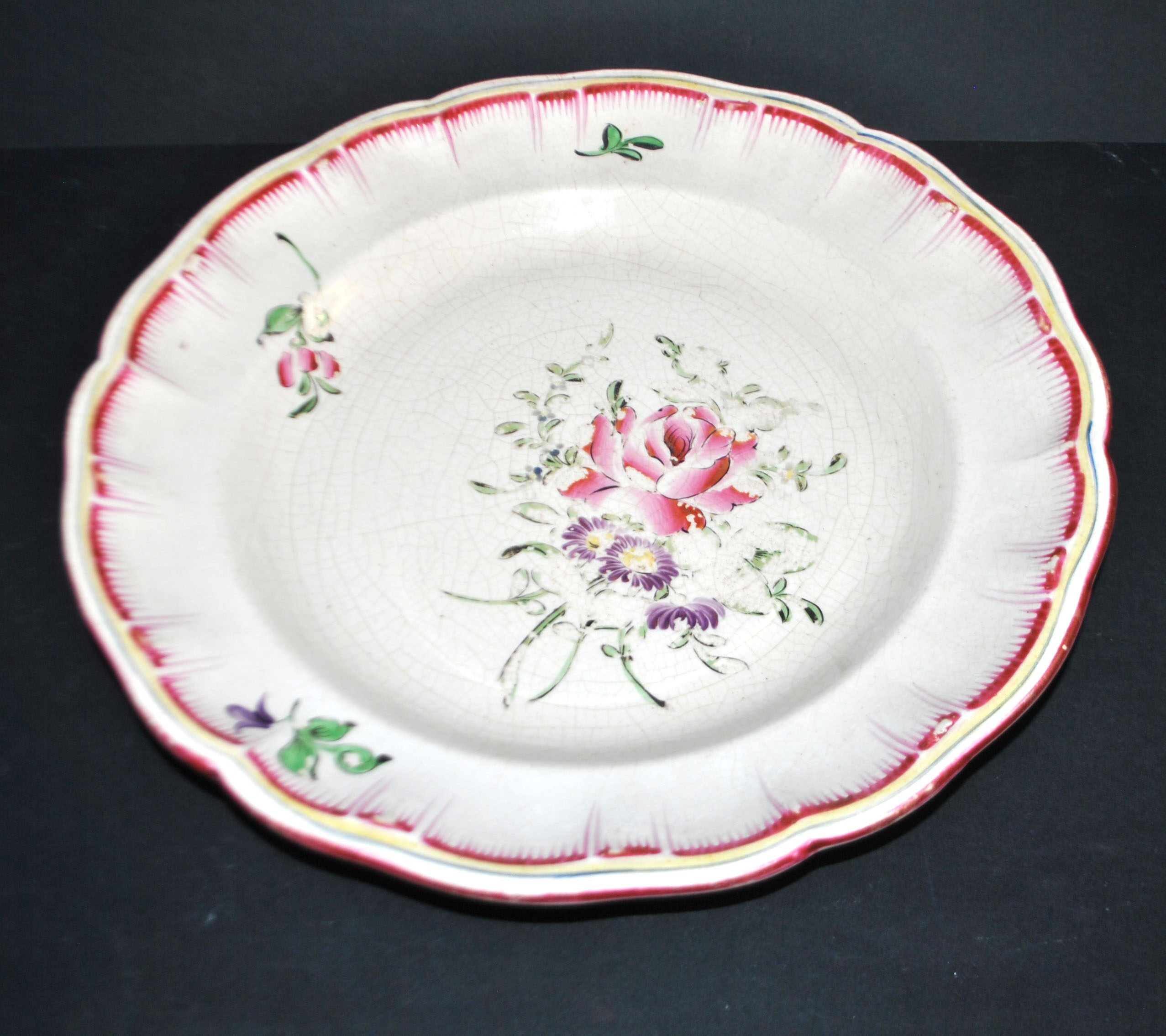 Flowered plate decoration street lamp old Strasbourg in faience signed KG Lunéville
