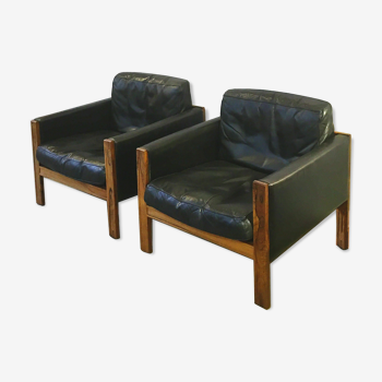 Paire de fauteuils cuir et palissandre, danois, 60's