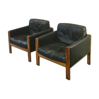 Pair of armchairs leather and rosewood, Danish, 60's