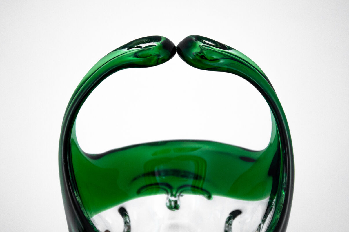 Glass green decorative basket, Czechoslovakia, 1960s