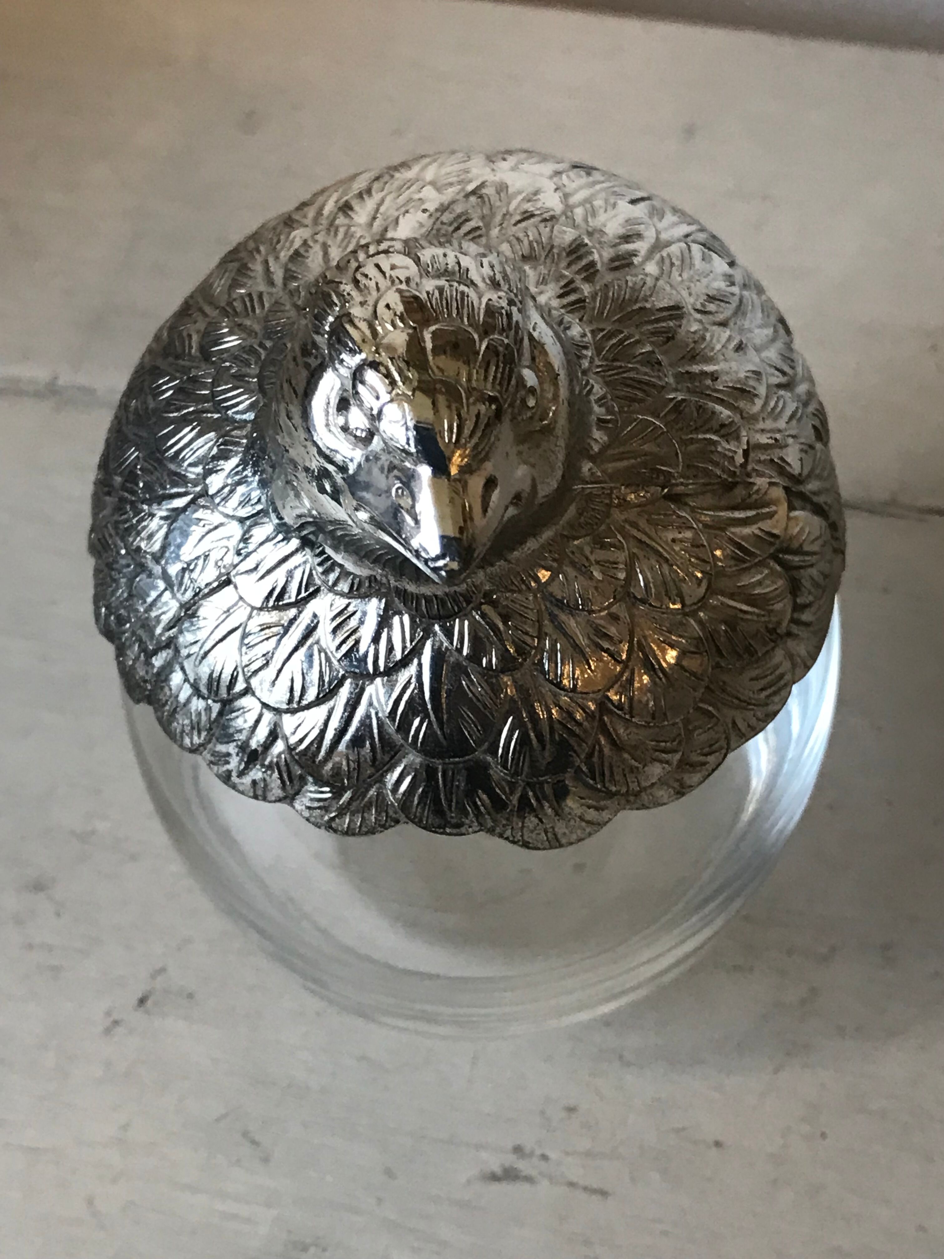 Quail-shaped table mustard silver metal and glass