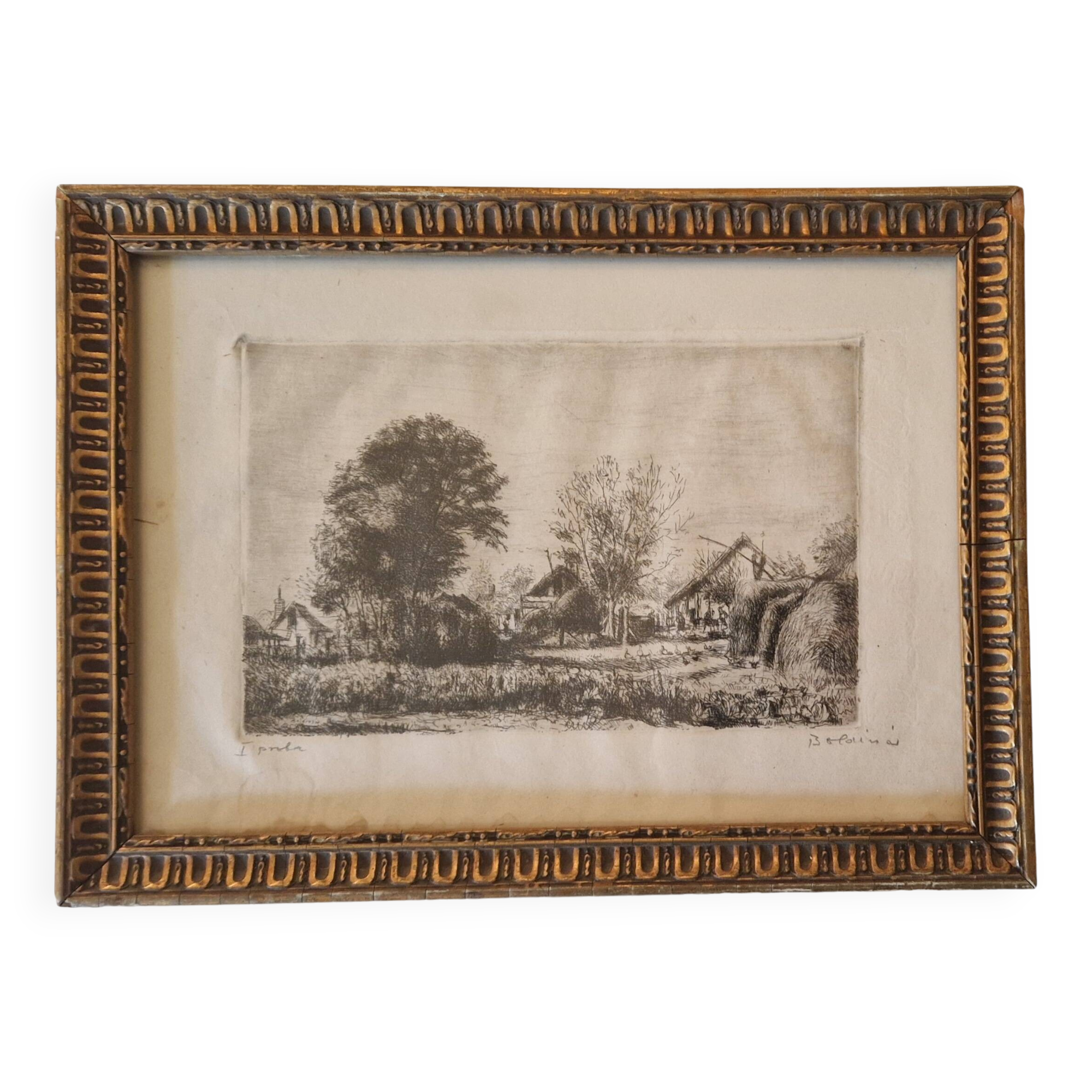 late 19th century etching, rural landscape