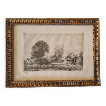 etching late 19th century, rural landscape