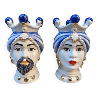 Coppia di Teste di moro siciliane in ceramica