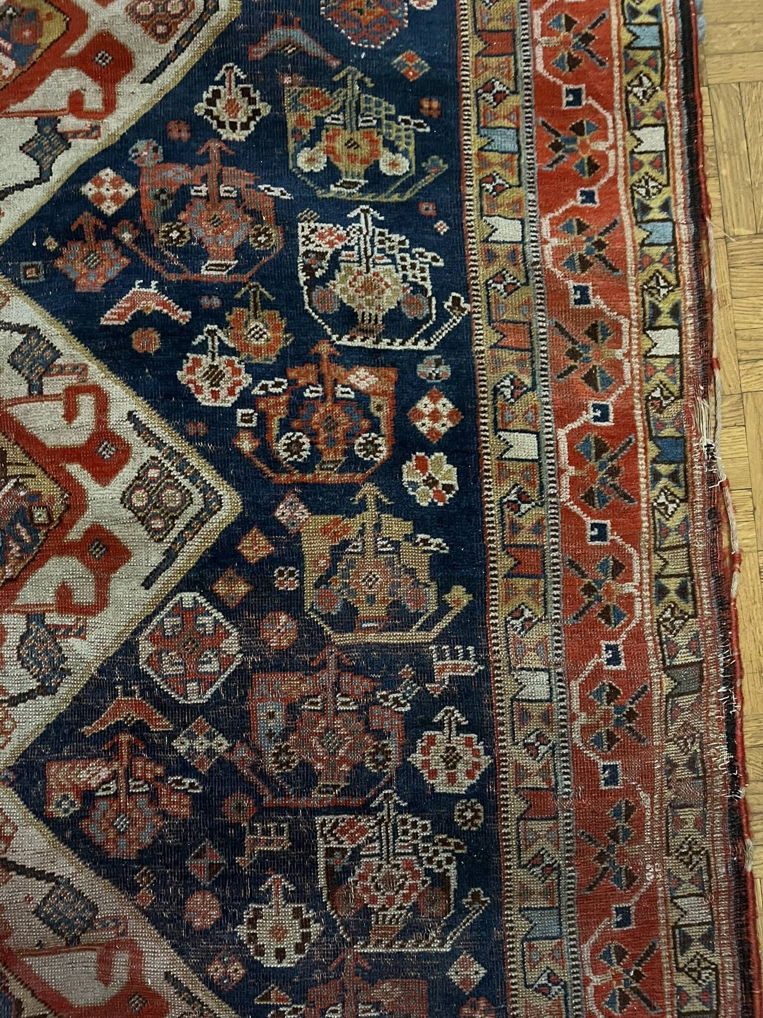 Antique handmade Persian Qashqai nomadic rug – blue background 94x112cm