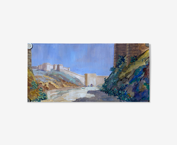 Tableau Orientaliste "Fortification animée" De Sevelec Gouache artiste Bustois