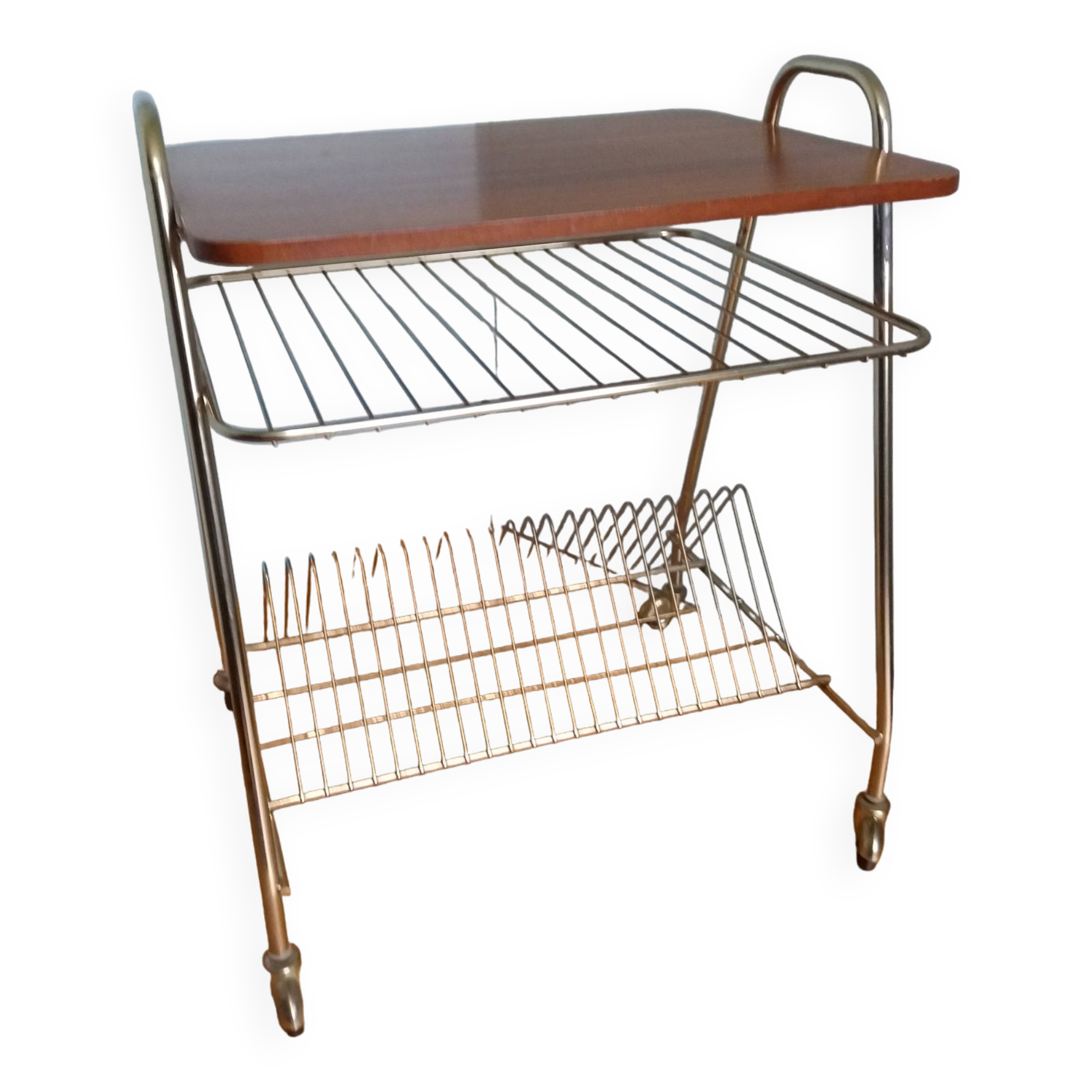 Serving table for storing vinyl records, magazine holder