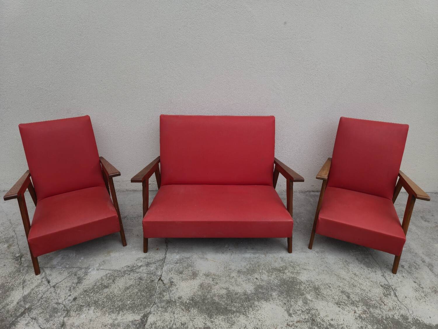 Vintage 1950s children's sofa and two armchairs with compass feet