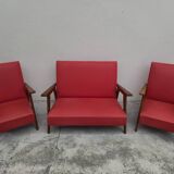 Vintage 1950s children's sofa and two armchairs with compass feet