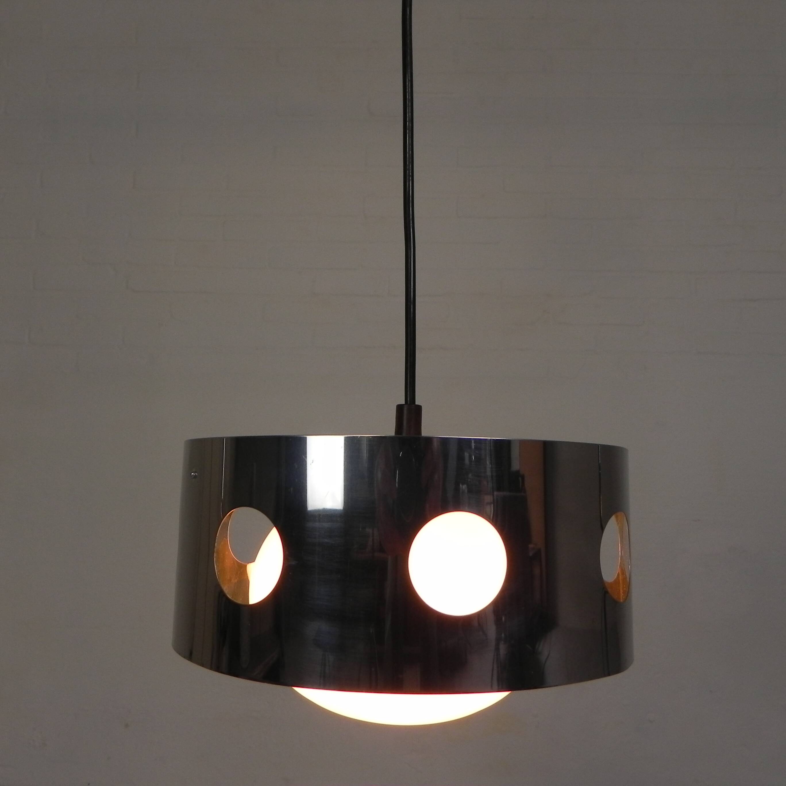 Vintage pendant lamp with chrome cylinder and glass globe