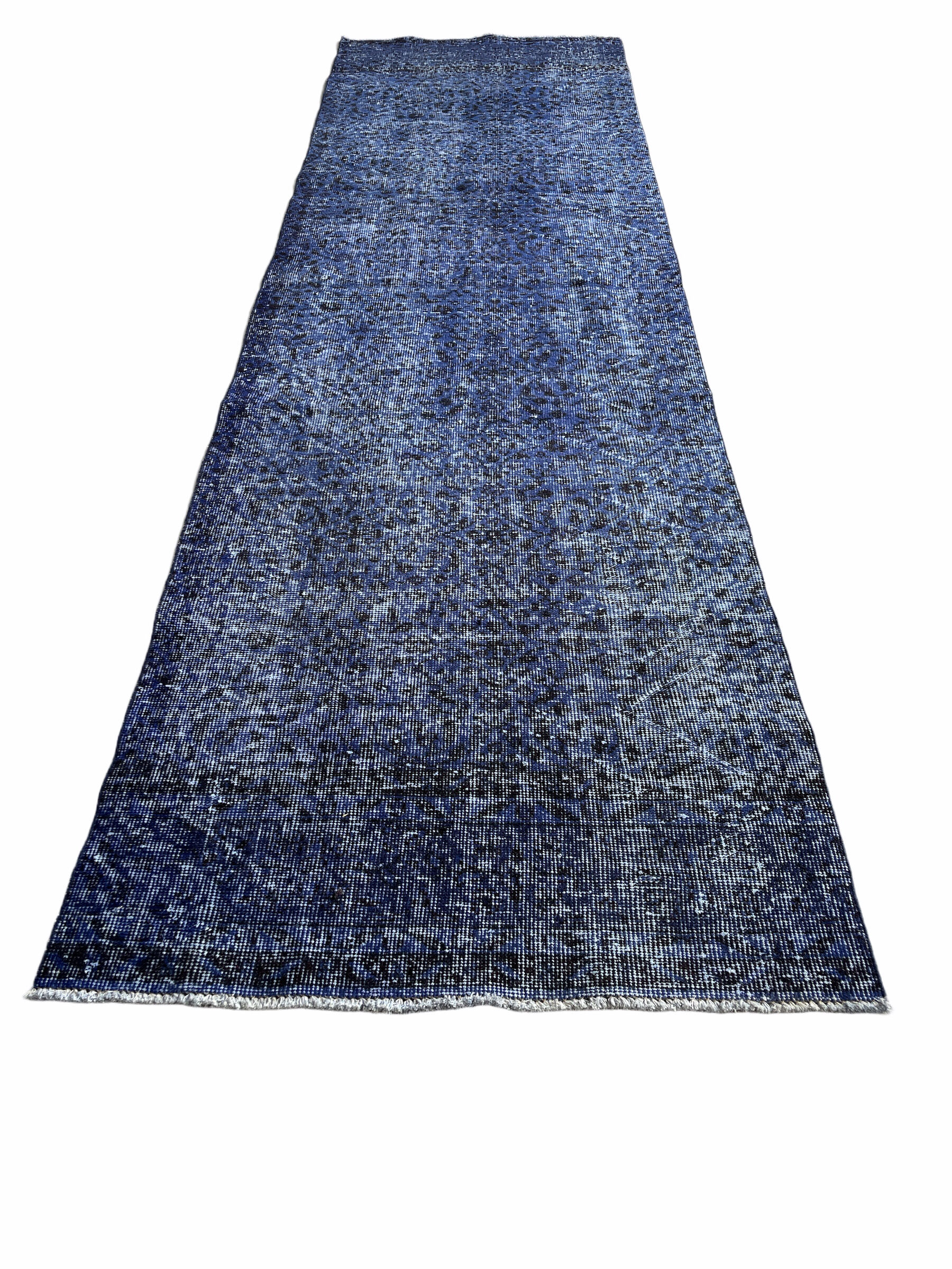 Distressed Turkish Narrow Runner 316 X 98 cm Wool Vintage rug, Over-dyed Navy Blue