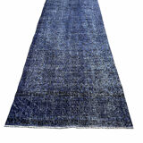 Distressed Turkish Narrow Runner 316 X 98 cm Wool Vintage rug, Over-dyed Navy Blue