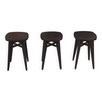Set of 3 designer beech stools attributed to Louis Gamet, 1950s