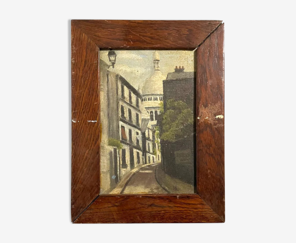 Peinture à l’huile sur panneau, Rue de Montmartre avec la Basilique du Sacré-Cœur à Paris 1920