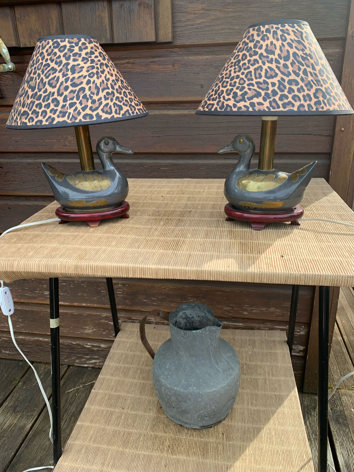 Paire de lampes canards en étain et laiton années 60