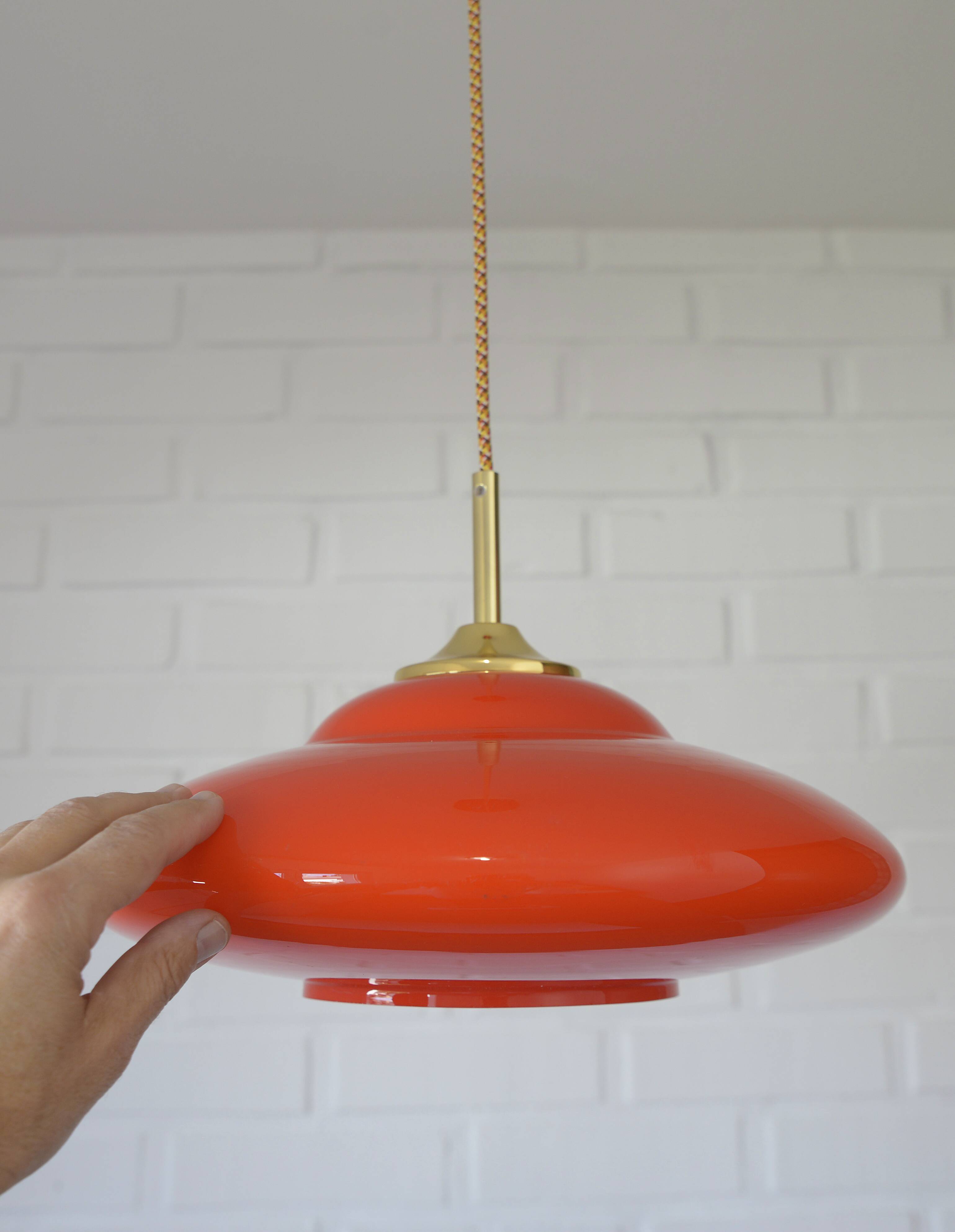 Vintage Orange Glass Pendant Light MCM Space Age Style Hanging Lamp 1970's