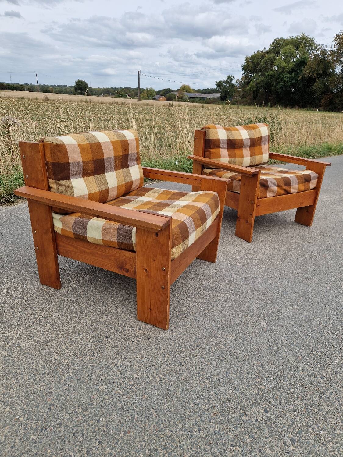 Pair of brutalist pine armchairs circa 1960