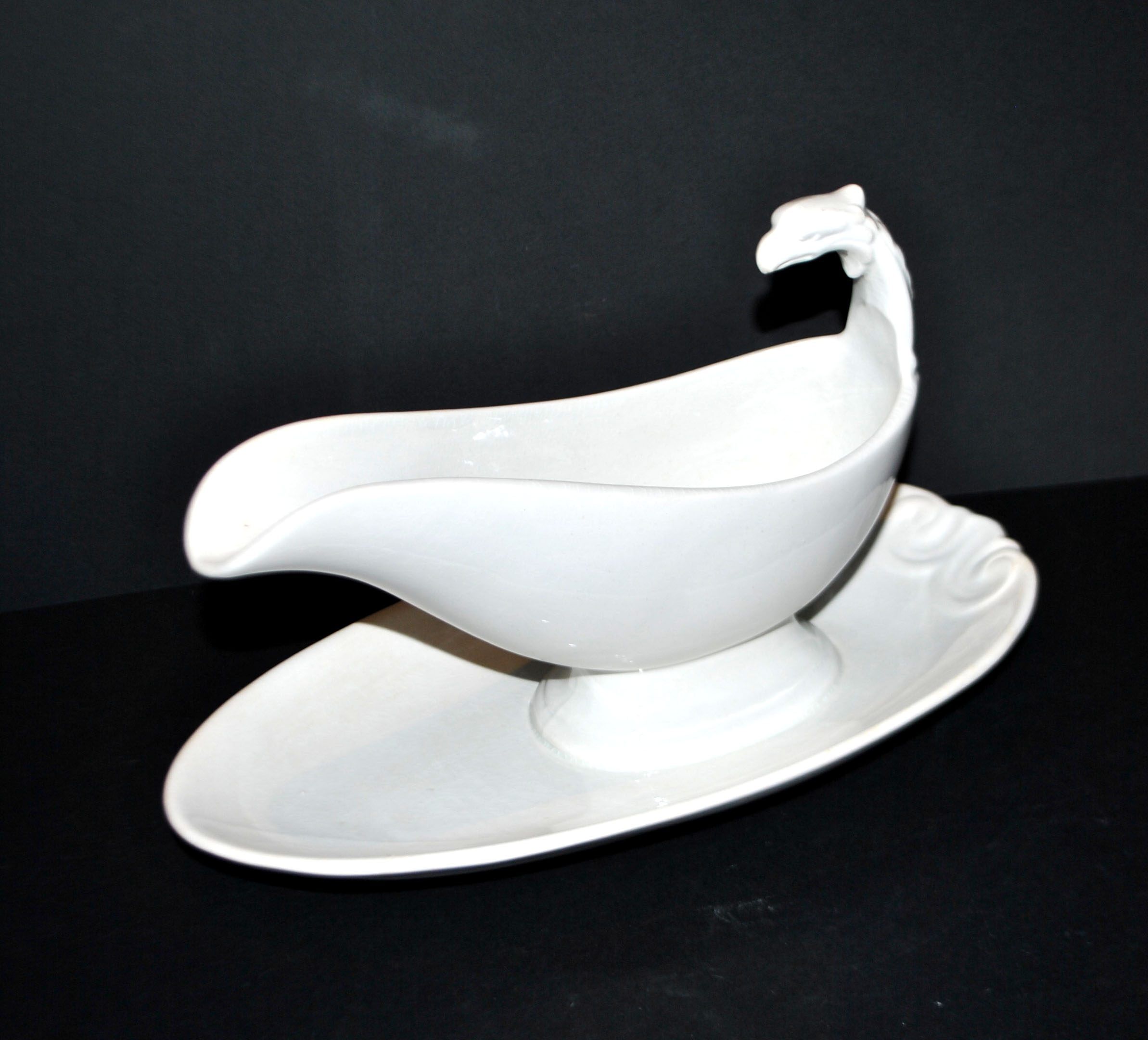 Sarreguemines antique earthenware sauce boat U&C opaque eagle's head