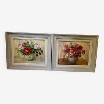 Pair paintings, oil on canvas still life pink flowers