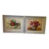 Pair paintings, oil on canvas still life pink flowers