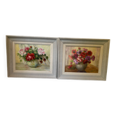 Paire tableaux ,  huile sur toile nature morte rose fleurs