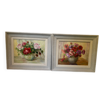 Pair paintings, oil on canvas still life pink flowers