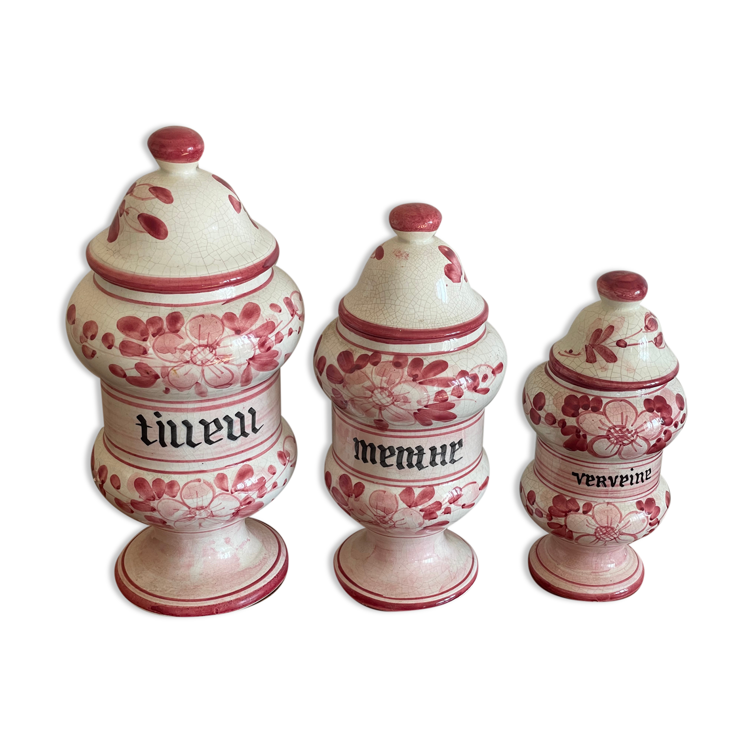 Trio of apothecary pots mint, verbena linden